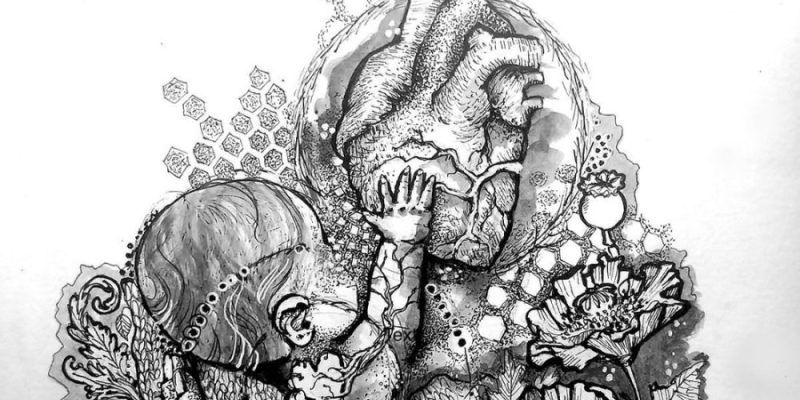 The cover image is an abstract ink drawing. There is a hand holding a small baby. The baby is reaching up to touch an anatomically correct heart. The space around this is filled with various patterns, leaves and poppy flowers. At the top, the word “Crackdown” is written in capitalized, bolded letters.